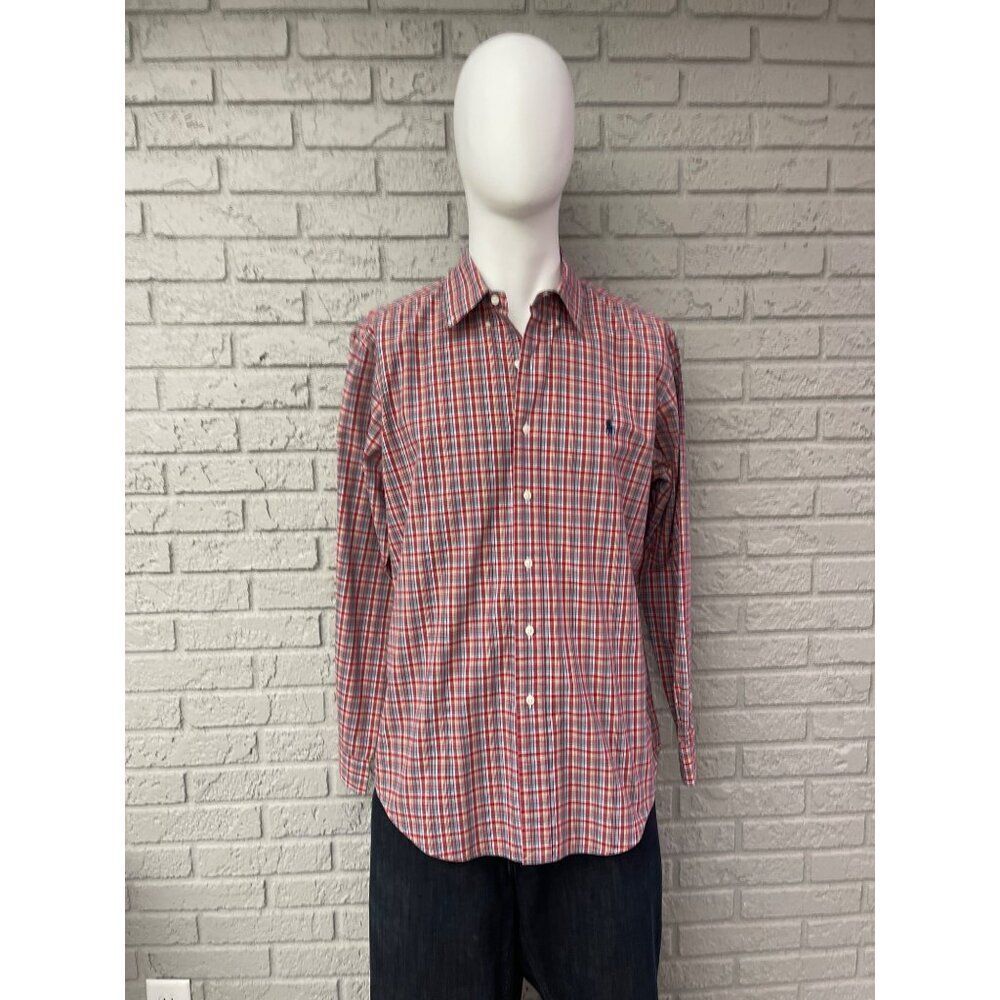 Ralph Lauren Men Custom Fit Red Stripe Plaid Button Down Long Sleeve Shirt Size